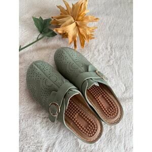 Perforated Slip-On Mules with Buckle in Sage Green